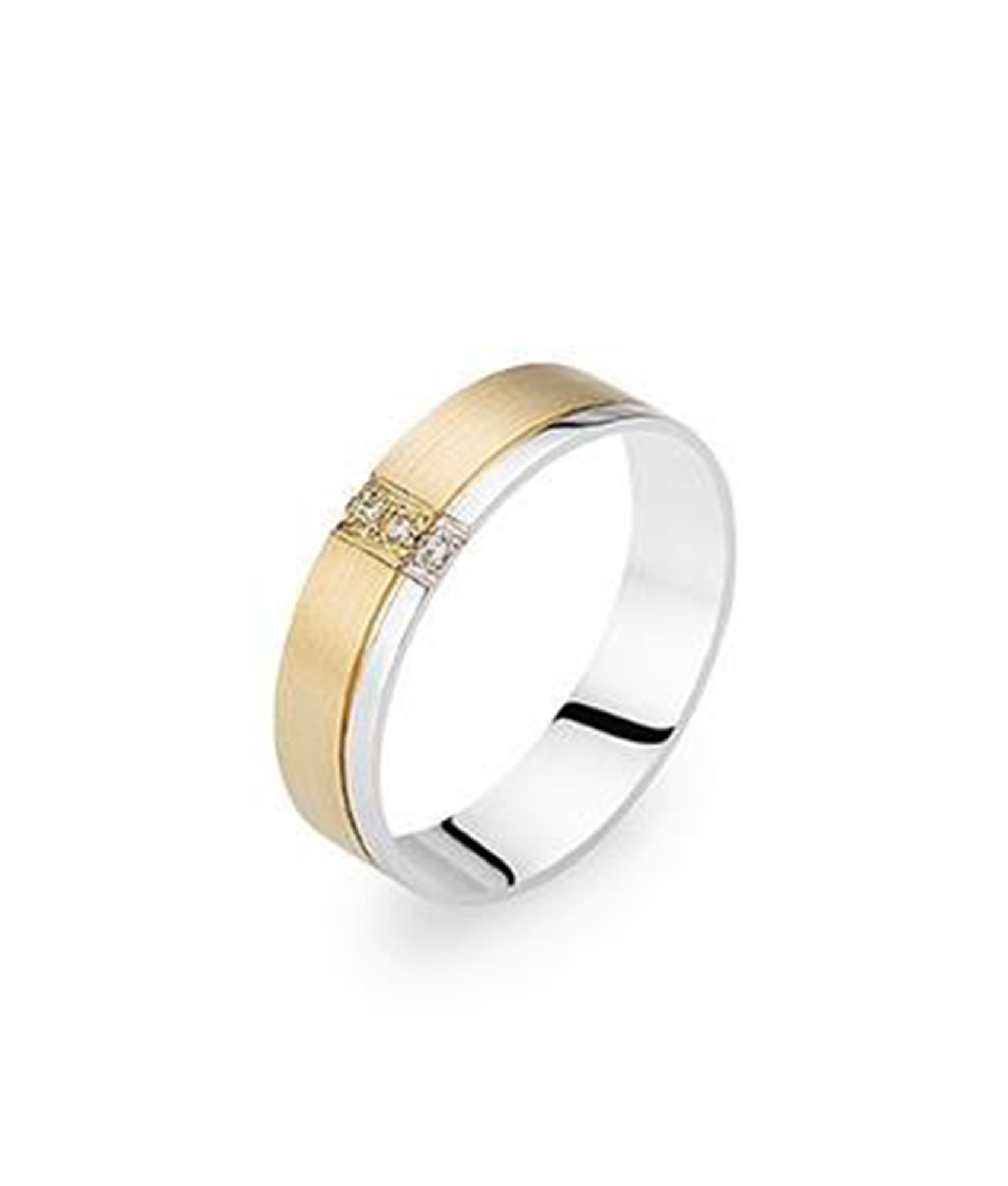 Aliança anilha amendoada com friso e zircões