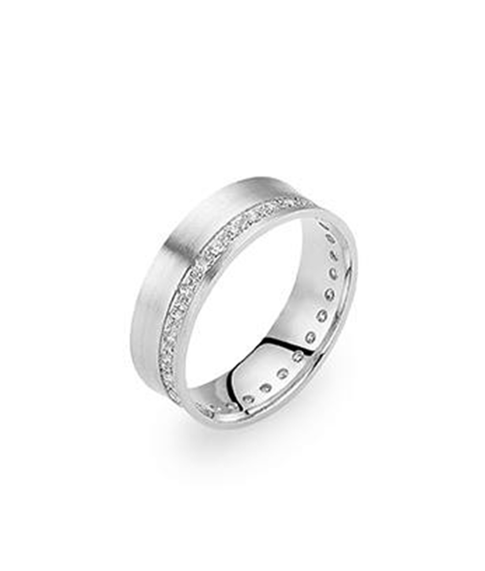 Aliança anilha côncava amendoada com zircões